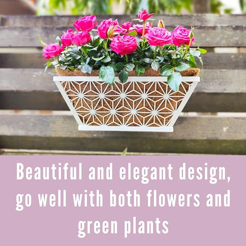 LaLaGreen Window Boxes Planter (2 Pack, 12 Inch) White Metal Rectangular Wall Planters with Coco Liner, Horse Trough Deck Railing for Outdoor Plants Holder, Modern Rail, Balcony, Fence, Porch Patio - size: 12" (30cm) x 2 pack