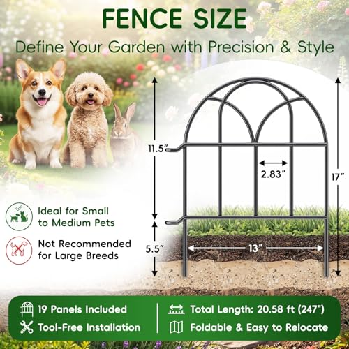 19 Pack 20.58ft x 17in (H) Garden Fence Panels - No Dig Garden Fence Animal Barrier Metal Fencing for Yard Decorative Garden Border Edging for Dogs No Dig Dog Fence for Outdoor Decor Flower Bed - color: Black, size: 19 Panels - 17 in(H) X 20.58 ft(L)