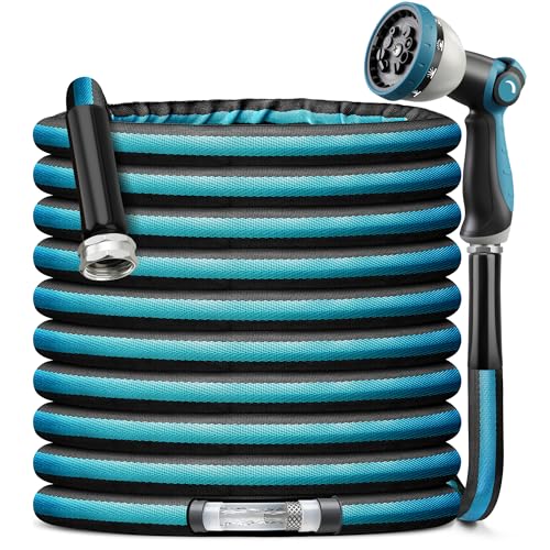 Garden Hose Water Hose – 100ft Lightweight Flexible Outdoor Hose, Kink-Free, Weather Resistant, 3/4” Metal Fittings, 10-Function Spray Nozzle for Yard Car Wash - color: Black+Blue, size: 100FT