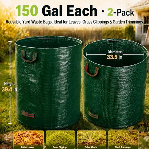 150 Gal Oversized Reusable Yard Waste Bags, 2-Pack, Leaf and Lawn Cleanup - size: 150 Gal