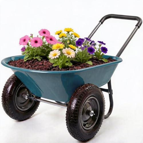 600 Lbs Garden Wheelbarrow with All Terrain 2 Wheel Wagon Cart Steel Frame - color: Army Green