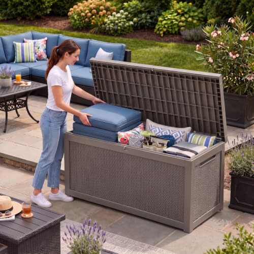 320 Gallon Outdoor Storage Box,Large Resin Waterproof Deck Box,Gray New - color: Gray New, size: 320 GAL