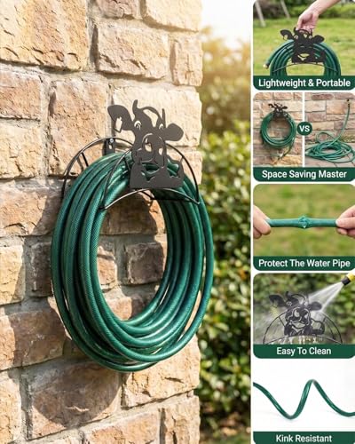 Cow Hose Hanger Metal Wall Mount Heavy Duty 125'5/8" Garden Hose Holder - color: Farmhouse Cow