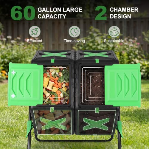 60 Gallon Compost Tumbler Outdoor, Dual Chamber Rotating Compost Bin with Easy Turn Design, UV Resistant BPA-Free Garden Composter for Kitchen Food Scraps & Yard Waste, Easy Assembly