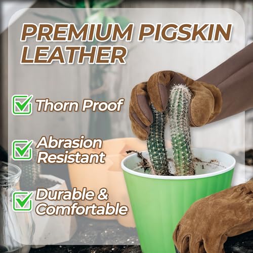 HLDD HANDLANDY Long Gardening Gloves for Women Men - Leather Rose Pruning Gloves Thorn Proof - Breathable Working Glove for Planting, Weeding, Yard Work