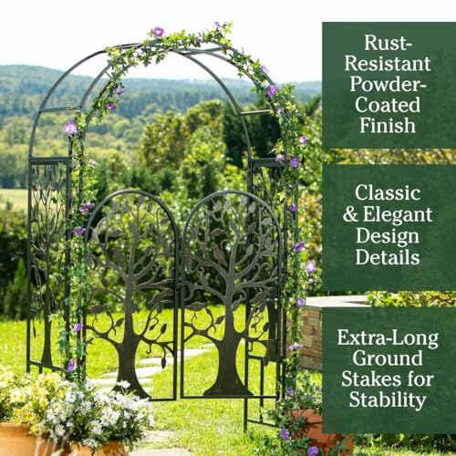 Plow & Hearth Arch Metal Outdoor Garden Arbor, 84 inches Tall, Iron Trellis Lattice for Climbing Plants, Wedding Arch, Outdoor Patio Décor (Tree of Life with Gate) - color: Tree of life with Gate