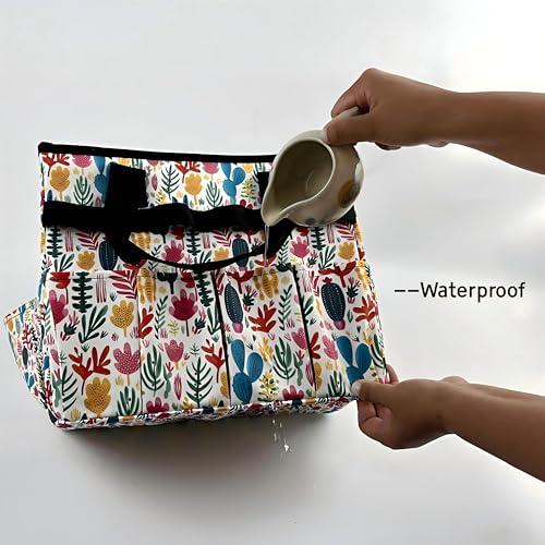 Garden Tool Bag Caddy Gardening Basket Tote Bingo Storage Home Organizer With Multi-Pocket Wear-resistant & Reusable 13 Inch Beautiful Pattern Handles Large Capacity (Cute cactus)
