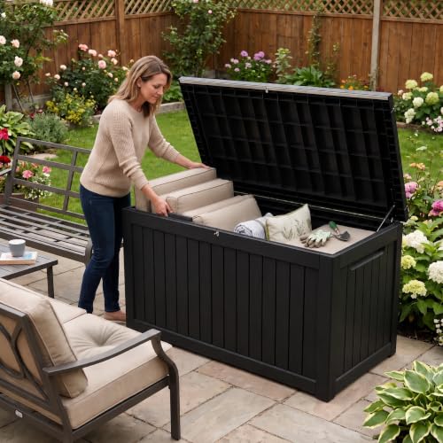 270 Gallon Outdoor Storage Box Resin Deck Box All Weather Waterproof Large Lockable Storage Container Deck Box for Patio Furniture, Garden Tools, Lockable, Black - color: Black, size: 270 GAL NEW