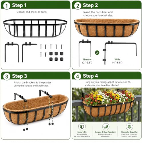 Y&M Railing Planter Boxes 24 Inch 2 Pack, 2-in-1 Adjustable Hanging Balcony Planters with Coco Liners, Heavy Duty Window Box Planters with Support Rods for Outdoor Garden - size: 24in 4P