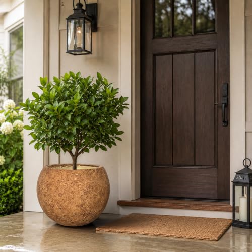 17" H x 21"Dia Brown Fiberstone Planter Pot with Drainage Hole, Large Round Handcrafted Decorative Flower Pot for Indoor Outdoor Plants, Rustic Stone-Look Planter for Patio, Porch, Garden & Home Décor - color: Camel, size: 21in