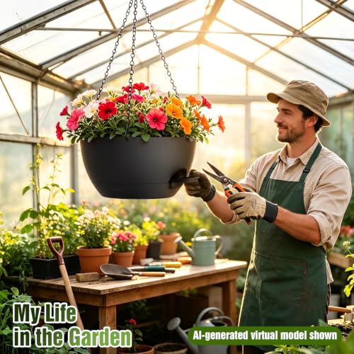 13 Inch Large Self Watering Hanging Planters 2 Pack with Saucers - color: Black, size: 13 Inch 2 Pack