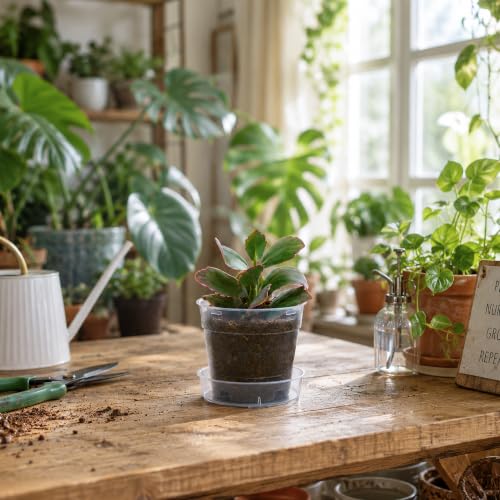 4 Inch Clear Plastic Plant Pot with Drainage Holes, Interlocking & Detachable Tray - Deep Saucer - Durable BPA-Free Plastic, Transparent Design, Raised Base for Airflow, Set of 6, 92-X-A-2 - size: 4" x 3.5"