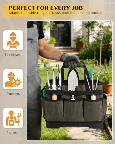 Marscamd Waxed Canvas Tool Bag with Hard Bottom and 8 Pockets - color: Dark Green
