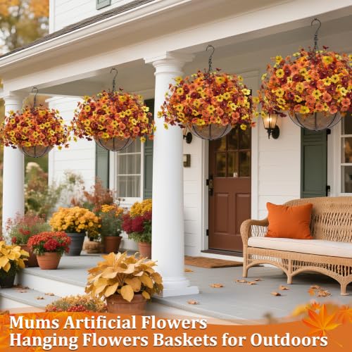 2 Sets Artificial Fall Mums Hanging Flowers Plants Baskets, 504 UV Resistant Faux Silk Violet Fake Chrysanthemum in Planter Realistic Look for Autumn Porch Home Patio Garden Yard Outdoor Decor - color: Orange, Yellow, Red