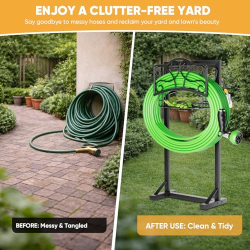 Heavy-Duty Garden Hose Holder with Storage Basket and Tool Hooks, Stable Hose Hanger Metal Garden Hose Storage Holds 160Ft, Rustproof Freestanding Water Hose Holder for Outside,Yard,Lawn,Farm - color: Black