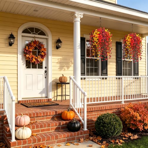 Fake Fall Artificial Outdoor Flowers Plant with Hanging Basket UV Resistant - color: Brown Orange Yellow