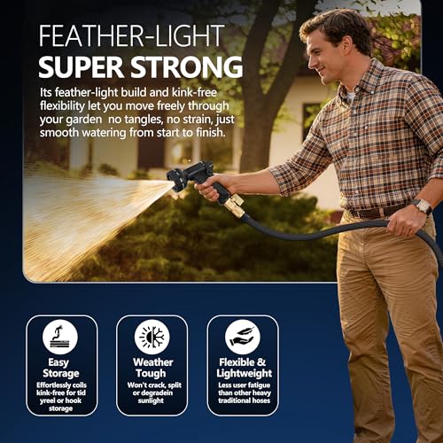 Flexible Garden Hose 25 FT, Ultra Lightweight Water Hoses 25FT w/10 Function Sprayer and 3/4" Brass Fittings, Kink-Free, Sturdy, Abrasion Resistant for Yard, Lawn, Outdoor and Gardening(Black)