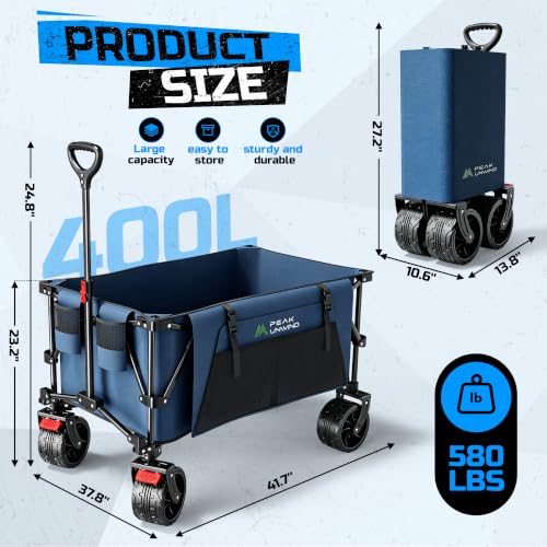 400L Folding Wagon Cart with Brakes & Removable Table, 580lbs Heavy Duty Collapsible Wagon, Big All-Terrain Wheels for Camping, Sports, Grocery, Outdoor - Blue - color: Blue