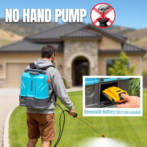 SideKing 3.2 Gallon Battery Powered Backpack Sprayer, 100 PSI Powerful Electric Sprayer Compatible with DeWalt 20V Battery, Max 0.9 GPM, 5 Nozzles & 2 Spray Wands for Lawn, Yard, Weed & Pest Control - size: 3.2 Gallon