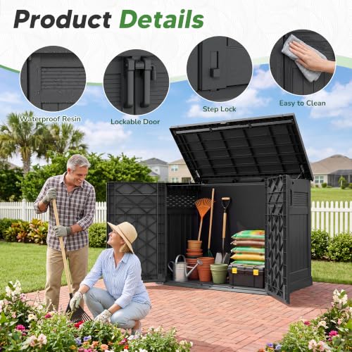 Large Outdoor Storage Box 51 Cu Ft with Pneumatic Hydraulic Lid,Horizontal Outdoor Storage Shed - Easy to Assemble, Waterproof Outdoor Storage Cabinet for Garden - color: Dark-Black, size: 33.8"×55.1"×48.4"