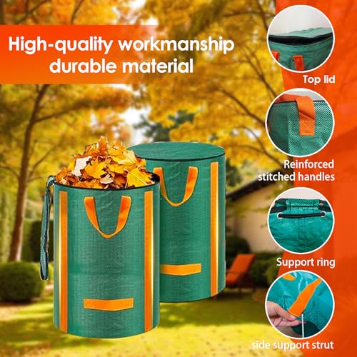 Reusable Yard Waste Bags 2 Packs 32 Gallon Standable Garden Bags for Leaves with Reinforced Carry Handles Heavy Duty Collapsible Yard Waste Containers for Leaves, Lawn Debris & Grass Clippings
