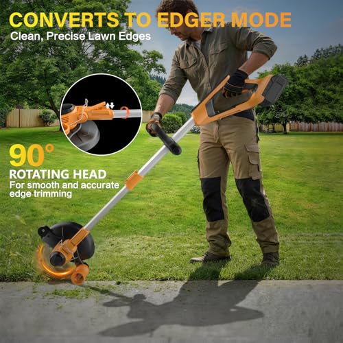 Cordless 3-in-1 Weed Wacker with Wheels, String Trimmer Edger Lawn Mower Brush Cutter, Telescopic Foldable Design, 2x4000mAh Battery Power Display, Adjustable Height for Efficient Lawn Care