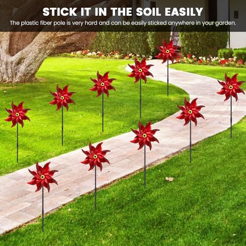 10 PCS Reflective Pinwheels for Yard and Garden Bird Devices Pre-Installed Sparkly Wind Spinner Deterrent to Scare Birds Away from Yard Patio Farm (Red) - color: Red
