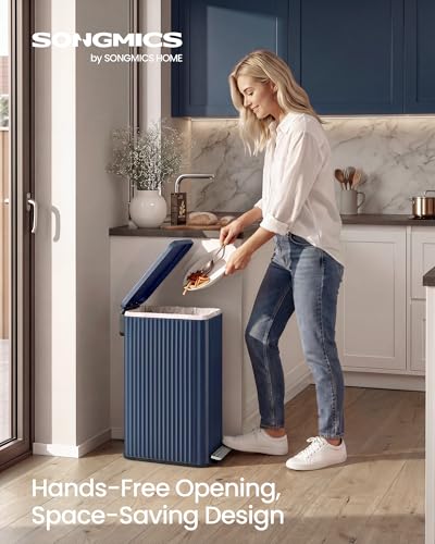 SONGMICS Trash Can, 13 Gallon (50 L) Slim, Stainless Steel, with Lid, Pedal - color: Midnight Blue, size: 13 Gallon (Slim)