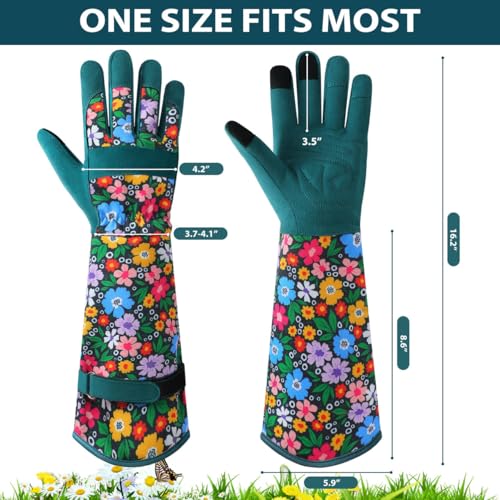 Gardening Gloves for Women, Long Garden Gloves with Grip, Thorn-Proof, Gift - color: Dark Green - Flower Leaf