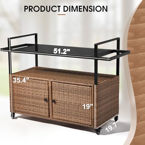VINGLI Outdoor Storage Cabinet with Wheels, Waterproof Woven Rattan with Double Magnetic Doors, Mobile Multi-Purpose Cabinet for Storage, Buffet Server, Bar Table, Potting Bench (Glass Top) - size: Glass Top