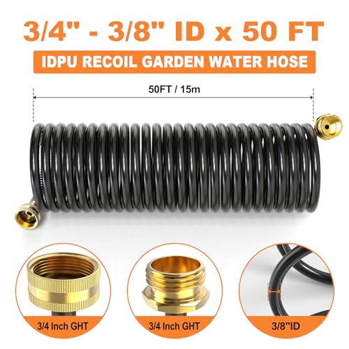 GASHER 50FT x 3/8" Coil Garden Hose, Expandable Garden Hose with 3/4" Brass Connector, Watering Hose Includes 8 Patterns Spray Nozzle for Outdoors Lawn Watering Car Washing - size: 50FT
