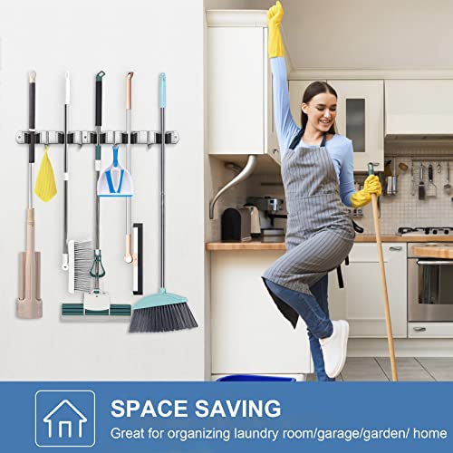 IMILLET 2 Pack Broom Holder Wall Mount Stainless Steel Mop Organizer - color: Stainless Steel - 5 Racks with 4 Hooks, size: 2 Pack