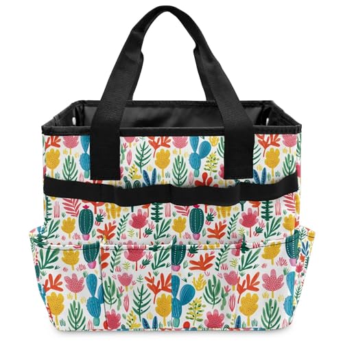 Garden Tool Bag Caddy Gardening Basket Tote Bingo Storage Home Organizer With Multi-Pocket Wear-resistant & Reusable 13 Inch Beautiful Pattern Handles Large Capacity (Cute cactus)
