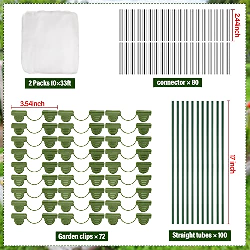 Woanger 2 Set Garden Netting Kit for Raised Beds Ultra Fine Mesh Netting with 100 Hoops 72 Clips 80 Connectors for Garden Row Cover Vegetable Flowers Protection Barrier Plant Covers(10 x 33 ft) - size: 10 x 33 ft
