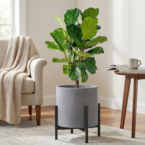 FaithLand 12 Inch Fiberstone Planter - Lightweight Modern Cylinder Plant Pot with Drainage Hole & Plug, Authentic Concrete Look, Gray - color: Gray, size: 12 Inch
