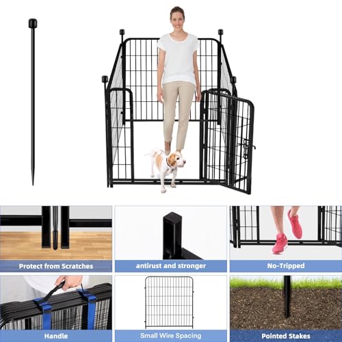 ADAVIN Tall Garden Fence with Low Threshold Door,54 in(H) 4 Panels Total 8.8 Ft(L) Fencing for Dogs, Garden Fence Animal Barrier, Black Iron Metal Heavy Duty Dog Fence Outdoor for Yard - size: 4panels-54in(H)x8.8ft(L)