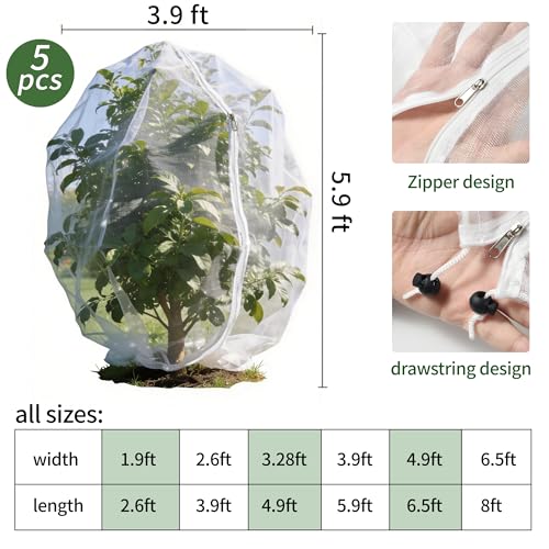 Garden Netting, 5 pcs, 3.9 X 5.9 FT, Featuring Drawstring and Zipper Design, is a Plant Cover and Fruit Tree net Designed to Protect Plants, Fruits, and Flowers from Insects and Birds. - size: 3.9 X 5.9 FT (5 PCS)