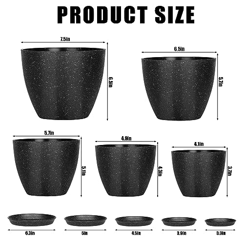 5 Pcs Plant pots, 7.5/6.5/5.7/4.9/4.1 inch Pots for Plants, Flower Pot Indoor Modern Decorative Plant Pot, Plant Pots Indoor with Drainage and Saucer for All House Plants (Drainage Set of 5 Black) - color: Black 5 Pcs