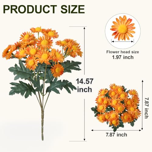 Artificial Fall Fake Mums Flowers Plants for Outdoor Decoration, 6 PCS Faux Silk Orange Gerbera Daisy UV Resistant No Fade Realistic for Planter Pot Outside Porch Patio Balcony Garden Yard Home Decor - color: Orange Mums