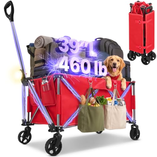 39" L Collapsible Wagon with All-Terrain Wheels, 460 lbs Foldable Cart with Detachable Flashlight, Pockets & Flexible Steering Handle, Red Utility Heavy Duty Folding Beach Wagons Carts - color: Red