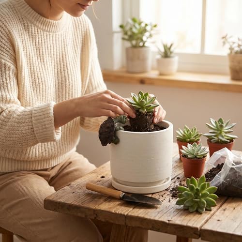 Nihow Ceramic Plant Pot with Resin Figure/Drainage Hole & Saucer,5.7 Inch - color: White+rt, size: 5.7 Inch