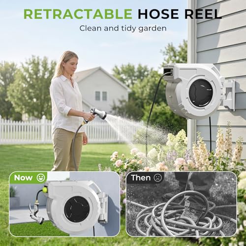 Retractable Garden Hose Reel, 1/2 Inch x 130ft, Wall Mounted Hose Reel - size: 1/ 2"130 FT