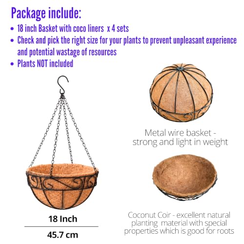LaLaGreen Natural Hanging Planter (18 in, 4 Pack) Black Coco Liner Baskets - size: 18" x 4 Pack