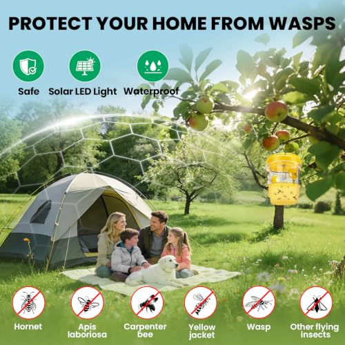 Wasp Trap, Solar Wasp Traps Outdoor Hanging, Reusable Yellow Jacket Hornet Trap with LED Light for Outside Garden, Patio, Orchard, Camping (4, Yellow)