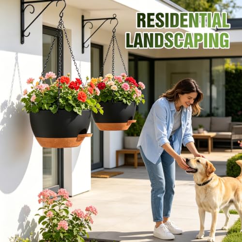 12 Inch Large Self Watering Hanging Planters 2 Pack with Saucers - color: Black Brown, size: 12 Inch 2 Pack