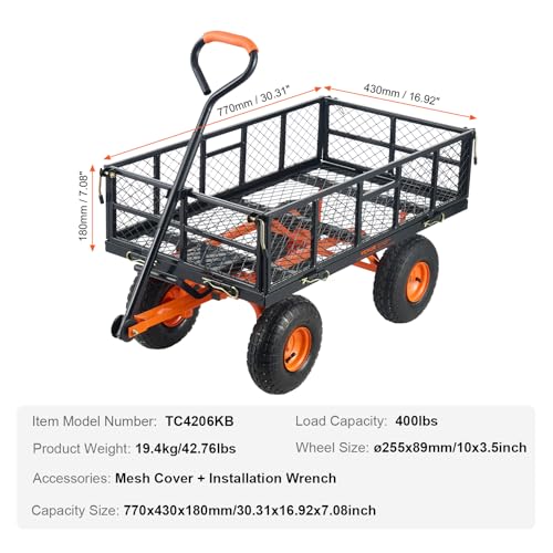 VEVOR 400lbs Steel Garden Dump Cart, Heavy Duty Garden Wagon Yard Dump Wagon with Removable Sides, Convert to Flatbed, Utility Liner, 10in All Terrain Wheels - size: 400 lbs