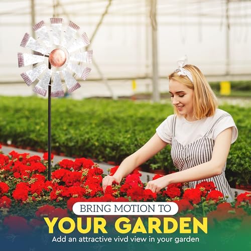 Garden Fixed Wind Spinners with 43" Tall Yard Stake - 13" Windmill Style Wheel | Low Friction Bearings | Weather Galvanized Metal Wind Spinners with Copper Toned Center | Metal Garden Decor