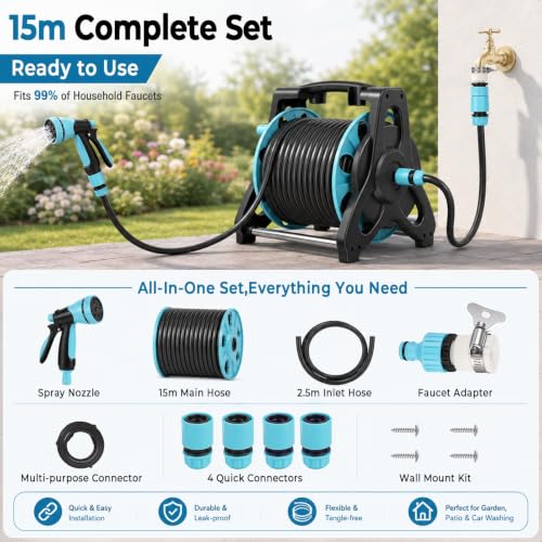 Manual Garden Hose Reel with 100 FT Water Hose & 10-Pattern Nozzle, Portable Wall Mount Reel for Outside, Anti-Kink Outdoor Storage Rack with Crank Handle 15M - size: 15M
