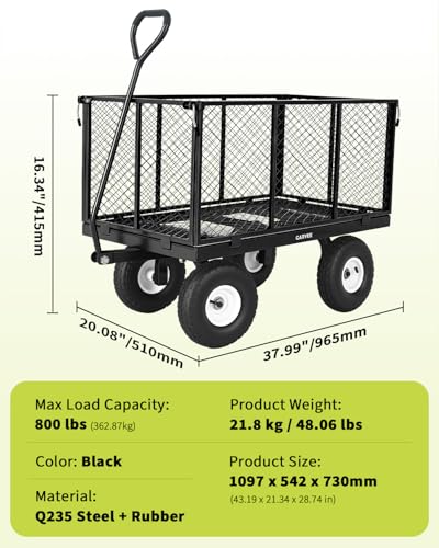 Heavy Duty Steel Garden Cart 800 lbs, Outdoor Utility Wagon with Removable Mesh Sides, 10" All-Terrain Pneumatic Tires and Rotating Handle, Waterproof Bag Included, Gardening Landscaping Lawn Cart
