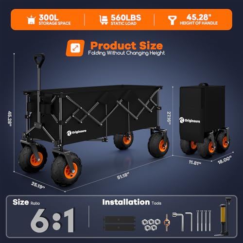 Originsure 300L Foldable Beach Wagon with Big Balloon Wheels, 560lbs, Black - color: Black-a